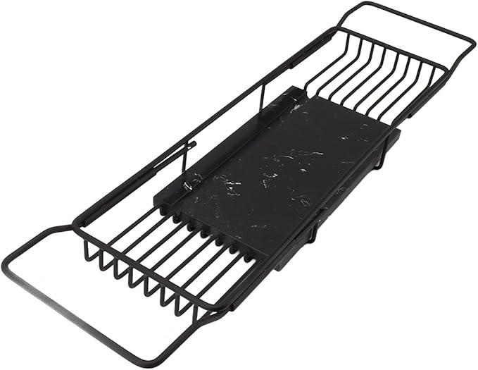 Metal Marble Bathtub Rack, Bathtub Caddy Tray Stainless Steel Shower Caddy Tray with Extending Sides, Bathroom Trays (Black)