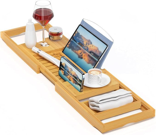 Luxury Bamboo Bathtub Tray - Wooden Expandable Caddy with Book, Tablet, Wine Holder - Gift Idea