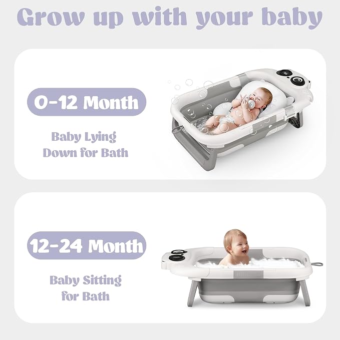 Foldable Baby Bathtub - 0-24M, Thermometer, Soft Cushion (Grey) | Folds Flat, Portable, Non-Slip Legs, For Newborn to Toddler, Space-Saving Design