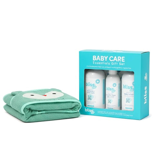 Bliss Baby Care Essentials Gift Set, Fragrance-Free - Baby Wash & Shampoo, Diaper Rash Cream, Baby Lotion & Hooded Bath Towel - Hypoallergenic, Dermatologist Tested, Clean & Vegan Gift Set