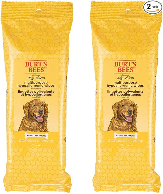 Burt's Bees for Pets Honey Multipurpose Dog Grooming Wipes Gentle Hypoallergenic Spot Cleaning Sheets pH Balanced Natural Origin Formula for Paws Face and Butt 50 Count 2 Pack Natural Grooming