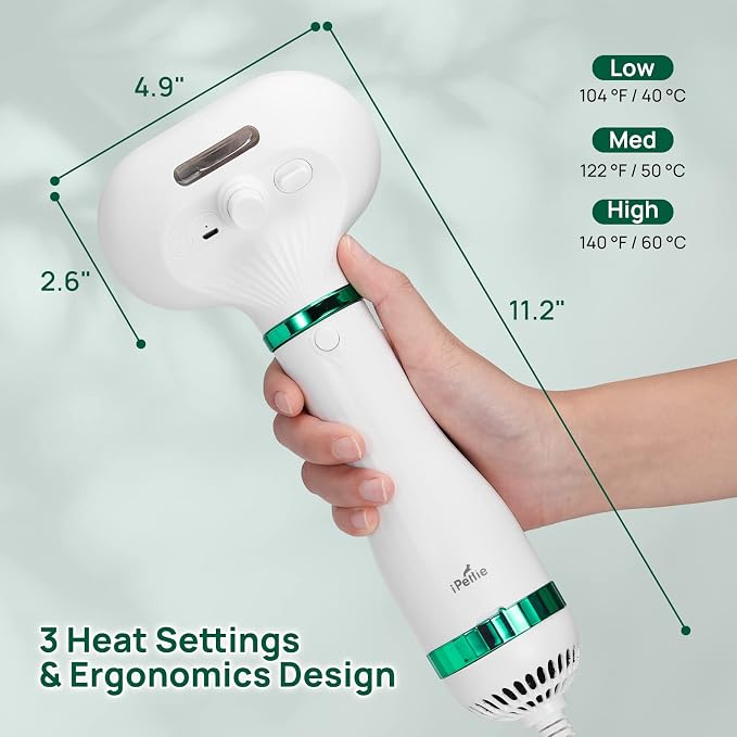 iPettie Pet Hair Dryer 2 Pro with Slicker Brush, Moisturize Dry Hair, 3 Heat Settings, Multifunctional Portable Handheld Pet Dryer, Dog Hair Dryer, Cat Dryer for Medium/Small Pet White