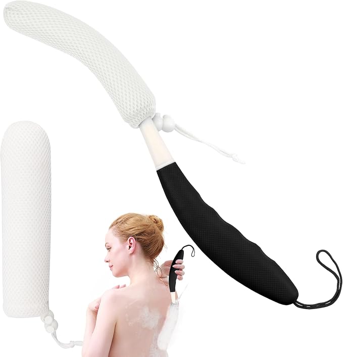 Shower Back Brush with Long Handle, 15.35" Body Brush, Long Back Scrubber for Men Women, Long Handled Sponge Body Exfoliator, Loofah Back Scrubber for Aid Bathing（Black）