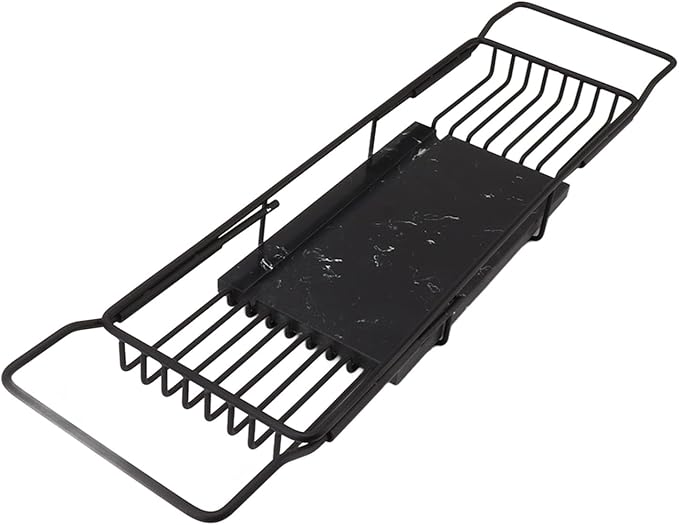 Metal Marble Bathtub Rack, Bathtub Caddy Tray Stainless Steel Shower Caddy Tray with Extending Sides, Bathroom Trays (Black)