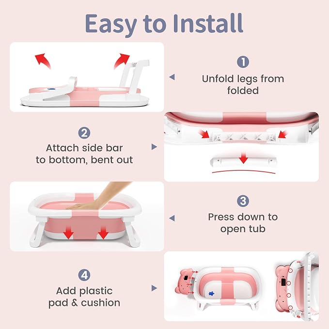 Collapsible Baby Bathtub for Newborn to Toddler (0-18 Months) - Foldable Baby Bath Tub with Soft Towel, Newborn& Infant Bathtub for Travel and Outdoor, Pink