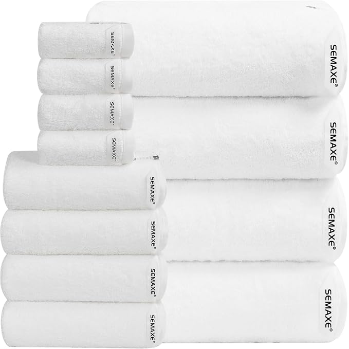 12-Piece Cotton Bath Towel Set with Hanging Loops for Bathroom, White | Balanced towel set for family showers, sink-side use, guest baths, and wash-day rotation, OEKO-TEX certified, easy care