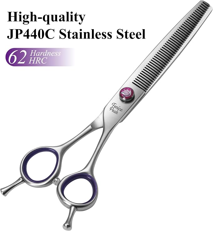 7'' Thinning Dog Grooming Scissors with Purple Finger Rings and Flashing Screw Professional 440C Stainless Steel Natural Color Pet Thinning Shears with Offset Handle Durable and Sharp
