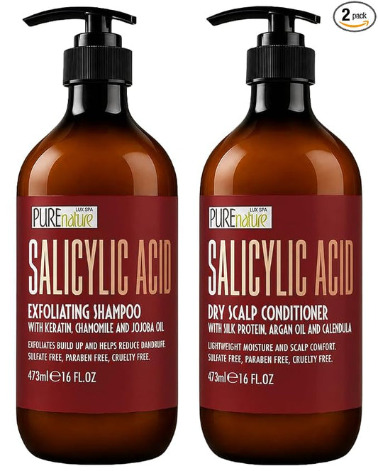 Salicylic Acid Shampoo and Conditioner Set - Sulfate Free, Exfoliating Blend for Scalp - Professional Anti Itch, Deep Cleansing Formula - Build Up Removal for Women and Men - 16 Fl Oz (Set of 2)