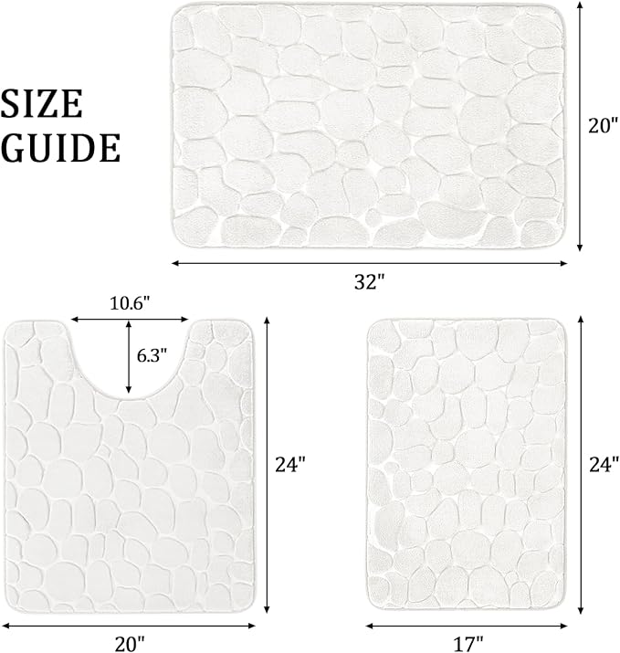 YIHOUSE Bathroom Rugs Mat Set, Memory Foam Bath Mat 3 Piece White | U Shape+Small Mat, Non Slip, Water Absorbent, Washable, Bath Mat For Bathroom, Sink and Toilet