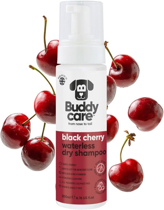 Black Cherry Waterless Dry Dog Shampoo by Buddycare | Deep Cleansing Shampoo for Dogs | Fresh Scented | with Aloe Vera and Pro Vitamin B5 (6.75 fl oz)