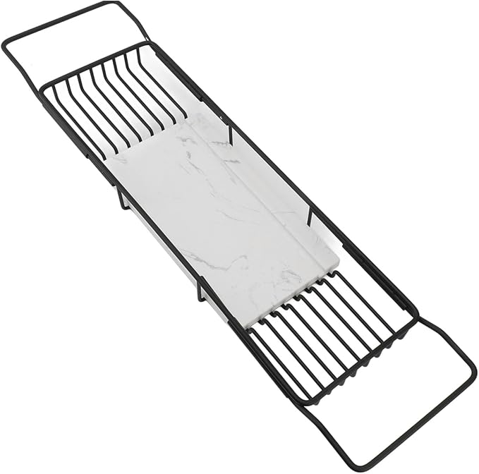 Marhynchus Metal Marble Bathtub Rack, Bathtub Caddy Tray Stainless Steel Shower Caddy Tray with Extending Sides, Bathroom Trays (Black White)