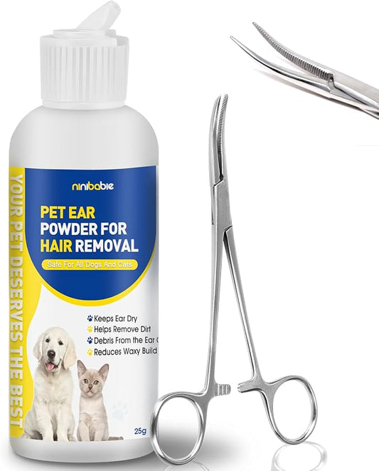 Dog Ear Hair Removal Tool with Ear Powder – 5.5” Curved Locking Forceps – Helps Remove Excess Ear Hair, Absorb Moisture & Reduce Odor for Poodles, Schnauzers, Shih Tzus & Cocker Spaniels