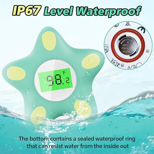 Baby Bath Thermometer for Infant & Toddler, Floating Digital Water Temperature Thermometer with 3-Color LED Backlight, Instant Accurate Reading,Baby Bath Toy,Hot & Cold Alert（Green starfish）