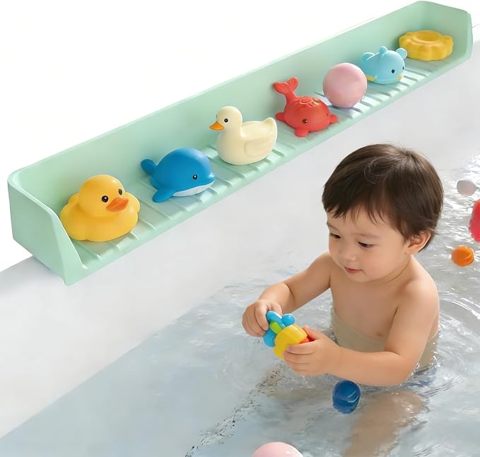 Bathtub Splash Guard for Kids – Silicone Bath Tub Splash Guard with Suction Cups, Play Shelf & Toy Holder, Fun Bath Time for Toddlers Baby (Green)