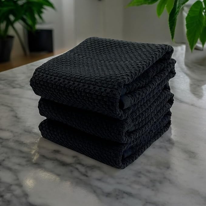 Serafina Home Black Textured Kitchen Hand Dish Towels 100% Cotton Cloth Soft Cleaning Drying Absorbent Terry Loop: Set of 3 Multipurpose for Everyday Use