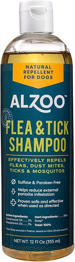 ALZOO Plant Based Flea and Tick Repellent Shampoo for Dogs, Effectively Repels Fleas, Ticks & Mosquitos, Plant-Based Active Ingredients, Sulfate & Paraben-Free, 12 Fl. Oz.