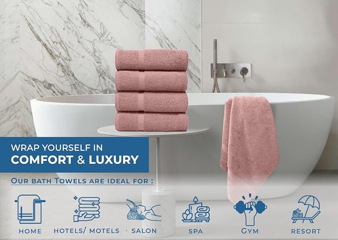 DAN RIVER Large Bath Towels Set of 4, 27 x 54 Inches, 600 GSM Larger & Lighter Weight Towels for Bathroom - Highly Absorbent & Quick Dry 100% Cotton Bath Towel Set for Home, Spa & Hotel - Dusty Rose