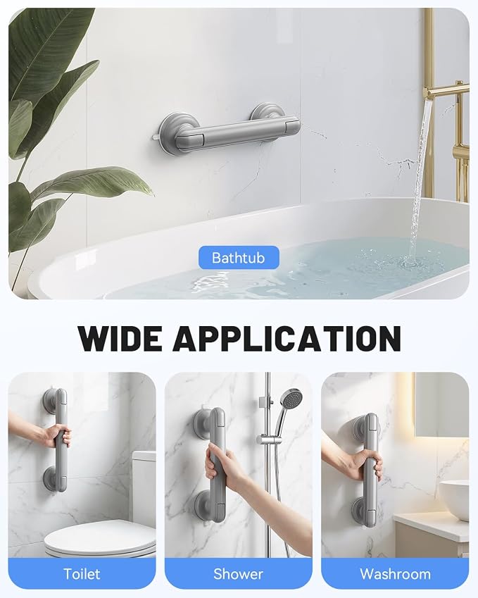 JOTPE 2 Pack Removable Suction Shower Handle, No Drilling Bathroom Handle with Locking Latches, Reusable for Shower, Bathtub, Tile, Glass and Other Smooth Non-Porous Surfaces, Grey