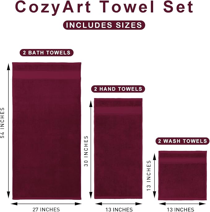 COZYART Burgundy 6 Pcs Bath Towel Set 100% Zero Twist Turkish Cotton 650GSM | Ring Spun, Fluffy, Ultra Soft, Fast Drying, Absorbent for Daily Bath Use