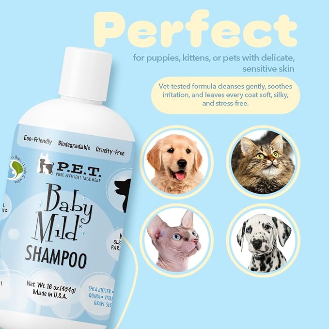 P.E.T. Baby Mild Ultra-Gentle Shampoo — Tear-Free, Hypoallergenic & Fragrance-Free Cleanser for Sensitive Pets — 5 : 1 Concentrate (Mix or Use Neat) — Cosmetic Grooming Formula — 16 oz