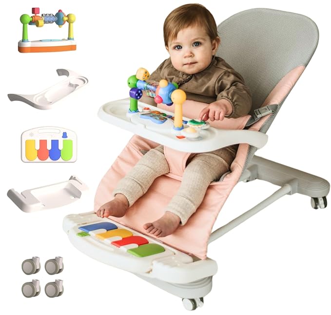 Cuddo Baby Bouncer 4-in-1 |Pianos, Feeding Tray, Play Bar, Wheels| Pink | Grow with Baby, Breathable Mesh, 3-Level Recline Foldable Seat, for Infant to Toddler 0-12M, Girl Gift Idea