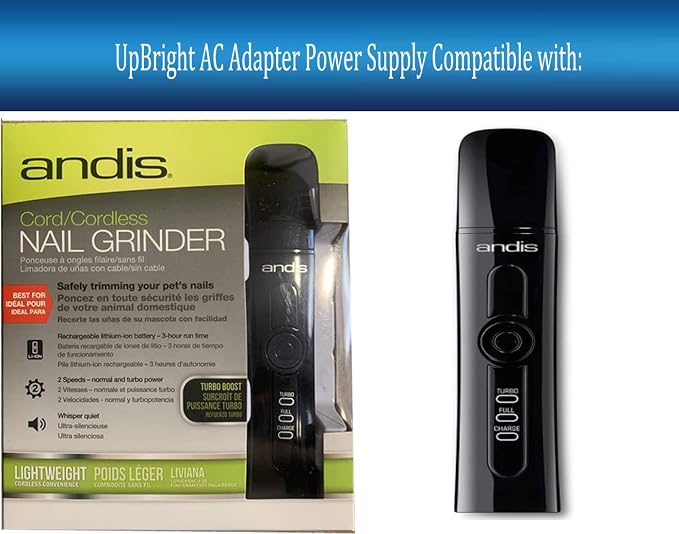 UpBright 2Pin 5V AC/DC Adapter Compatible with Andis CNG-1 Article# 65915 Cord/Cordless Animal Cat Dog Pet Nail Grinder AN65915 Groomers Rechargeable E-TEK ZDJ050100US Lithium-ion Battery Charger 5VDC