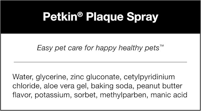 Petkin Plaque Spray, Peanut Butter, 4 Fl Oz - Cleans Teeth & Gums, Removes Plaque & Tartar, Freshens Breath & Whitens Teeth with Baking Soda - Ideal Cat & Dog Dental Spray with No Brushing or Rinsing
