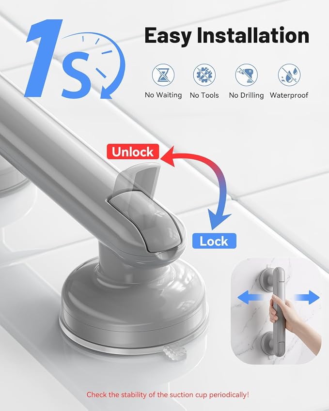 JOTPE 2 Pack Removable Suction Shower Handle, No Drilling Bathroom Handle with Locking Latches, Reusable for Shower, Bathtub, Tile, Glass and Other Smooth Non-Porous Surfaces, Grey