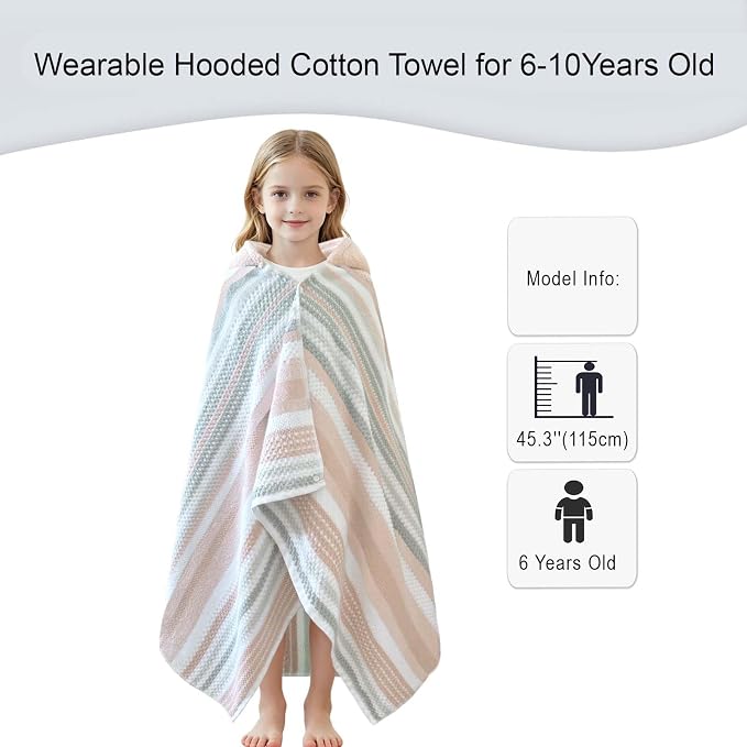 VOOVA & MOVAS Kids Hooded Towel Wrap(Ages 6-10) – 100% Cotton, Soft & Absorbent, Fast-Drying, Versatile Beach, Pool, Swim & Bath Cover-Up, Blush Grey Stripe