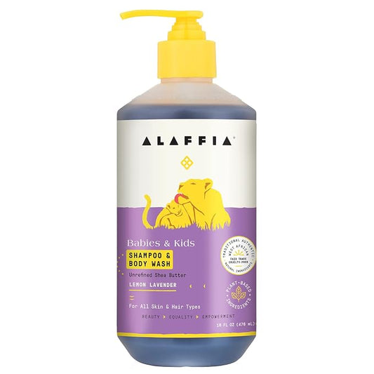 Alaffia Babies and Kids Shampoo and Body Wash, Gentle and Calming Support for Soft Hair and Skin with Shea Butter, Neem, and Coconut Oil, Fair Trade, Lemon Lavender