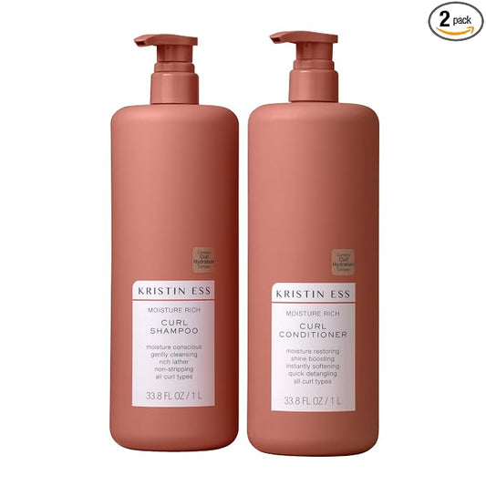 Kristin Ess Hair Curl Shampoo and Conditioner Set for Curly Hair - Moisturizing, Anti Frizz, Silicone Free Shampoo and Conditioner - 1 Liter - 2A-4C Hair