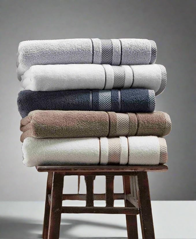 Bath Towels Set for Bathroom – Luxury 6-Piece Cotton Towels, Soft Absorbent & Quick Dry, 600 GSM Bath Towels for Bathroom, Hotel Spa Quality (2 Bath, 2 Hand, 2 Washcloths, White Grey Stripe)