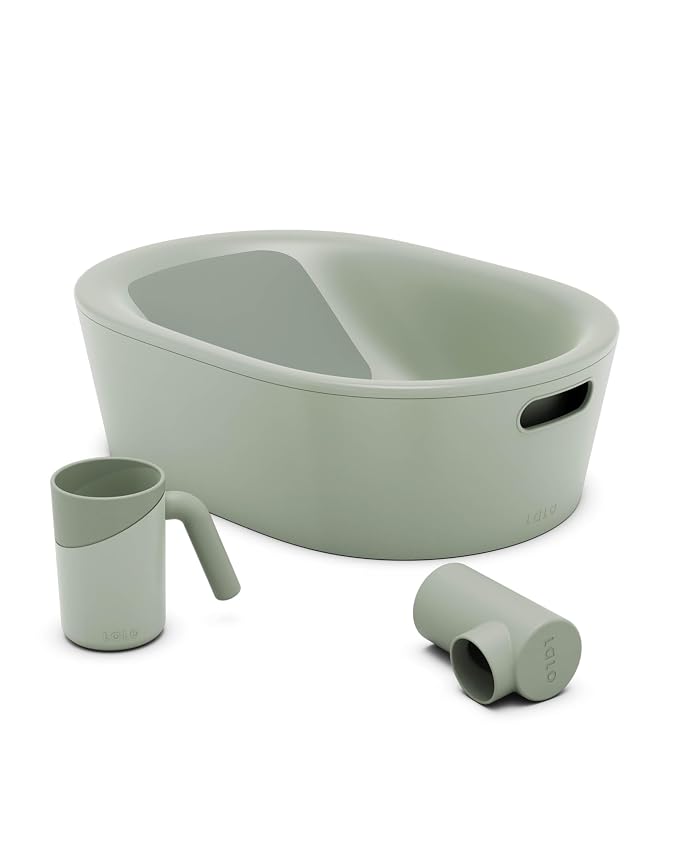 Lalo Bathtime Starter Kit - 3-Piece Set Includes Modern Baby Bathtub, Rinse Cup & Spout Cover - Safe, Easy to Clean Design for Newborns - 25.3 x 18 x 7.7 in, 10 lb - Sage