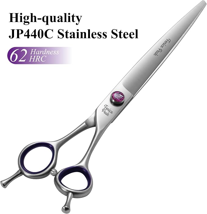 8'' Straight Dog Grooming Scissors with Decorative Screw Professional 440C Stainless Steel Metallic Pet Trimming Shears with Offset Handle Durable and Sharp