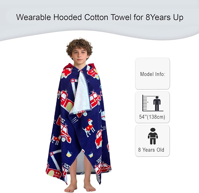 VOOVA & MOVAS Hooded Beach Towels for Teens & Big Kids (8Years Up) | 100% Cotton Thick Soft Absorbent Towel Wrap for Beach, Pool, Swim & Bath | Fire Truck Design