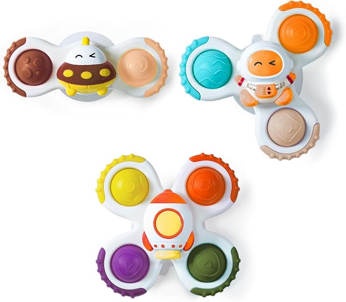 LiKee Strong Suction Cup Fidget Rotating Sensory Bath Toys for Baby Christmas Stocking Stuffers, Airplane Car Travel Table & Window Toys for Toddler Boys and Girls, 10+ Months