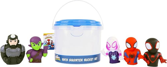 Marvel Spidey & Friends - 5 Piece Bath Squirter Bucket Set - Bath Toys for Baby and Toddlers - Includes Organizer Bucket - Store Bath Time Water Toys