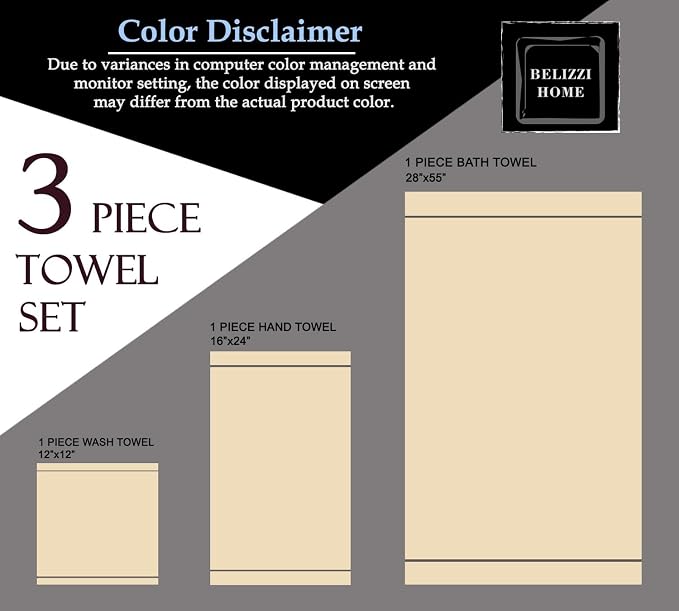 Belizzi Home Ultra Soft 3 Pack Cotton Towel Set, Contains a Bath Towel 28x55 inch, a Hand Towel 16x24 inch & a Wash Coth 12x12 inch, Ideal Everyday use, Compact & Lightweight - Tan