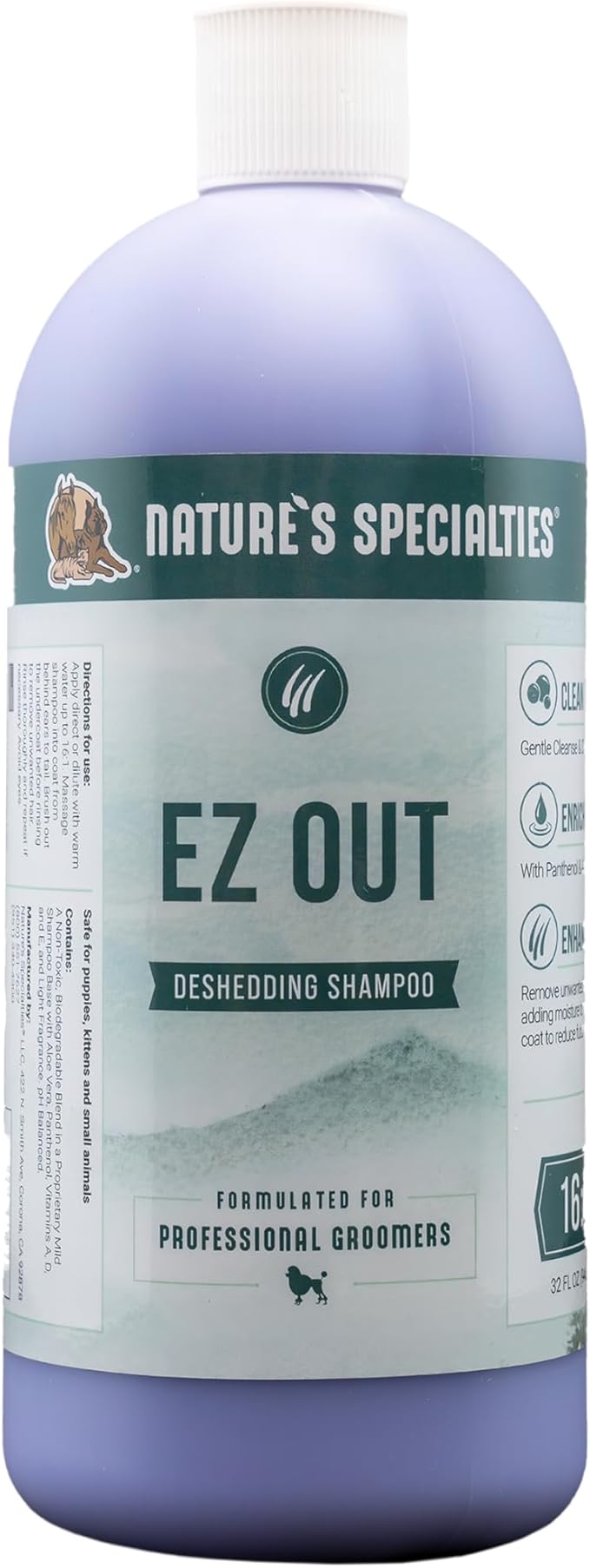 Nature's Specialties EZ Out Deshedding Ultra Concentrated Dog Shampoo for Pets, Makes up to 4 Gallons, Natural Choice for Professional Groomers, Removes Unwanted Hair, Made in USA, 32 oz