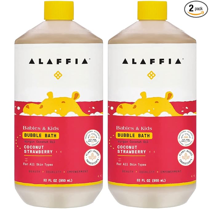 Alaffia Bubble Bath for Babies & Kids, Coconut Strawberry 2-Pack – Long-Lasting, Moisture-Rich Bubbles with Coconut Oil, 32 Fl Oz Ea