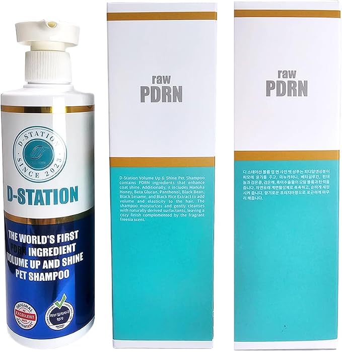 D-STATION Premium PDRN Volume Shampoo for Dogs & Cats - Salmon DNA & Manuka Honey - Soothes Dry Itchy Skin, Boosts Shine & Fluffiness - Moisturizing & Deodorizing Wash, 10.1 oz