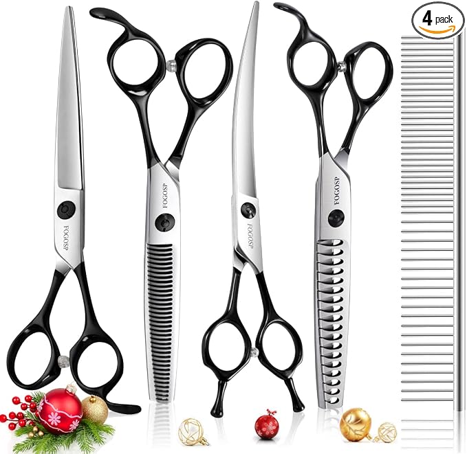 Professional Dog Grooming Scissors Kit 4pcs FOGOSP 7 inch Curved Thinning Straight Chunker Shears for Dogs Cat Pets (7 in Kit, Black)