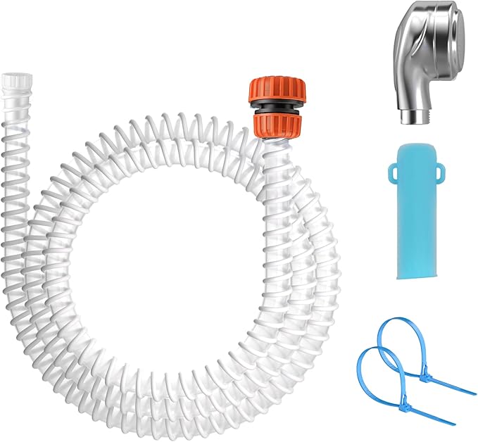 Slip-On Tub Hose for Bathtub Faucet, Ear-Tab Zip-Tie Connector, Handheld Sprayer Head, No-Install Faucet Hose Attachment for Hair Washing & Cleaning, 5 ft, Fits Spouts up to 3 in