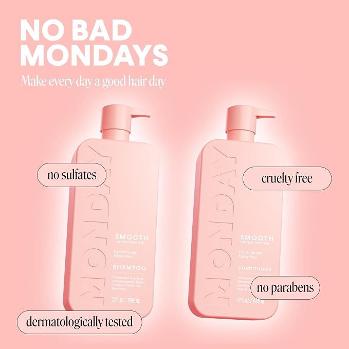 MONDAY HAIRCARE Smooth Shampoo + Conditioner Bathroom Set (2 Count) 27 oz Each For Frizzy, Coarse & Curly Hair Made with Coconut Oil, Shea Butter & Vitamin E 100% Recyclable Bottle Pink