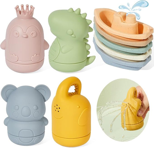 Baby Bath Toys 9PCS Mold Free Bath Toys for Babies 6-12 Months Bathtub Water Toys with Easy Clean Silicone Bath Toy for Kids Ages 1-3 Safe Bath Boats, Baby Shower Birthday Gifts for Babies & Infant