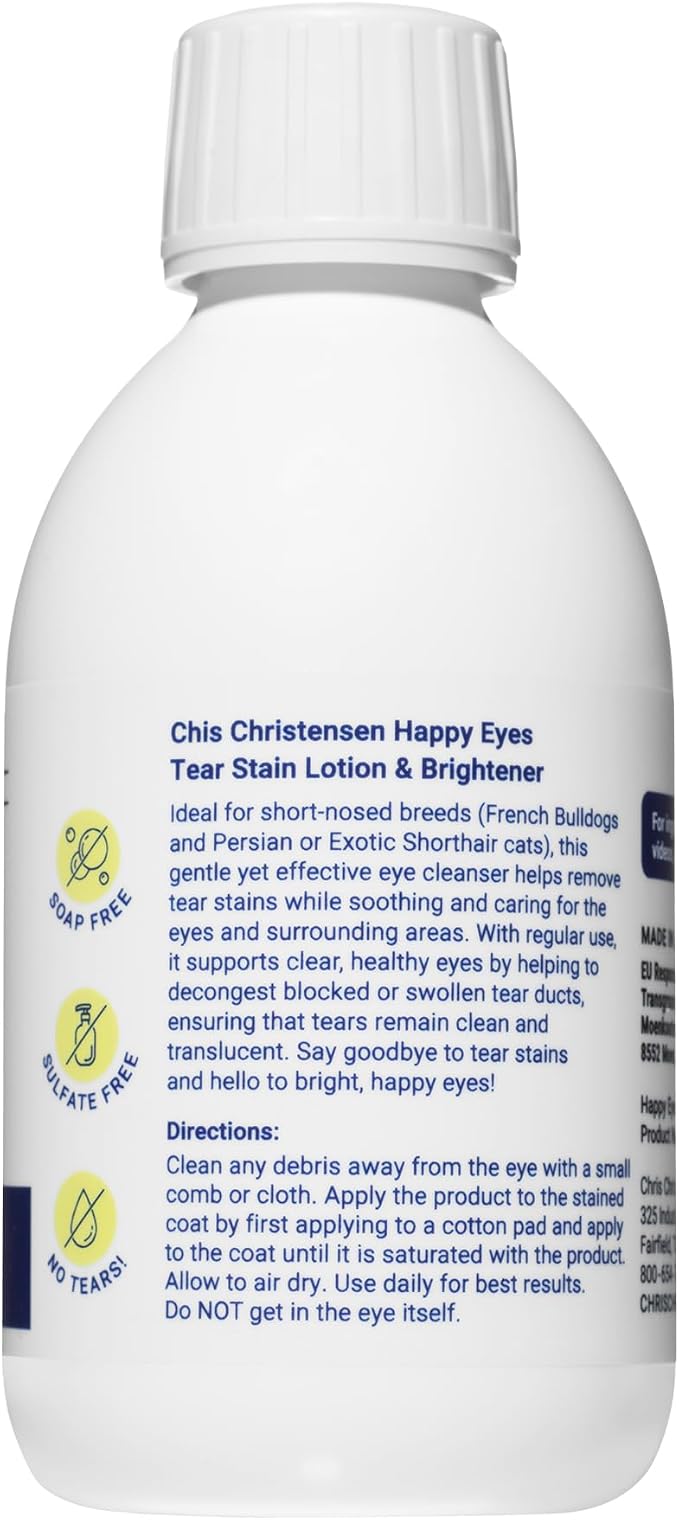 Chris Christensen Happy Eyes Tear Stain Remover Lotion & Brightener, Tear Stain Remover for Short Nosed Dogs, French Bulldogs, Dogs and Cats, Made in USA. 8.5oz