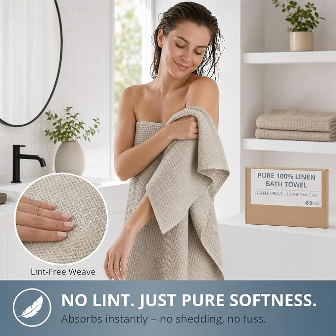 Pure 100% Linen Bath Towel - 30x60-inch Lightweight Travel Towel - Linen Beach Towel Waffle Weave Quick Dry Hair Towel - Thin Towels for Bathroom