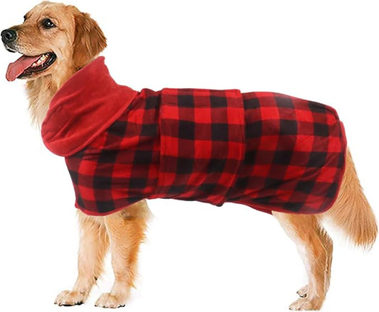 Geyecete Dog Drying Coat - Fast Drying Dog Bath Robe Towel - Microfibre Super Absorbent, Luxuriously Soft Red Black Grid - XXL