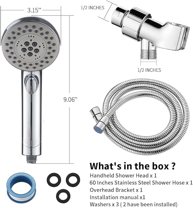 High Pressure Shower Head with Handheld Spray 6 Settings Hand Held Shower Head with On Off Switch and Spa Spray Mode 60 In Hose, Chrome