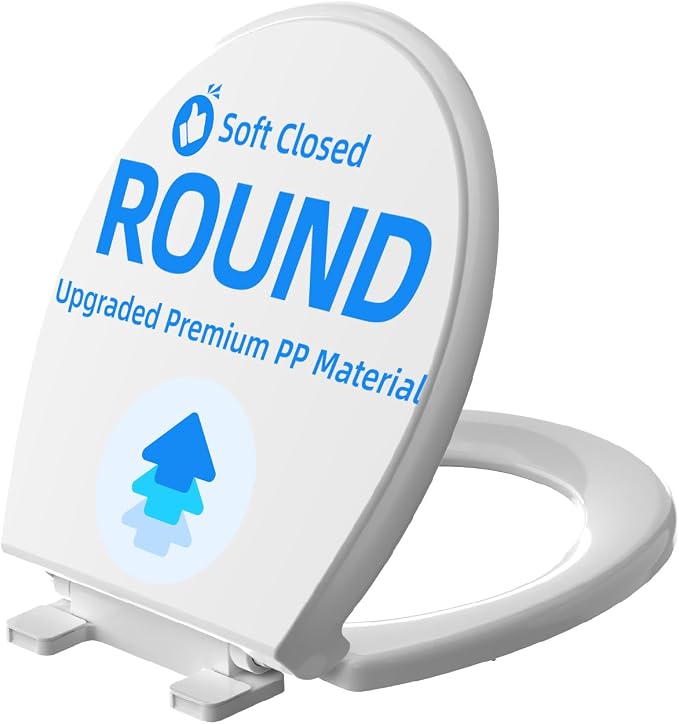 Round Toilet Seat 16.5 Inch, Soft Close Toilet Seat, Quiet No Slam Toilet Lid, Easy Install & Quick Release, Durable PP Plastic, Easy Clean, Fits Most Standard Round Toilets, White